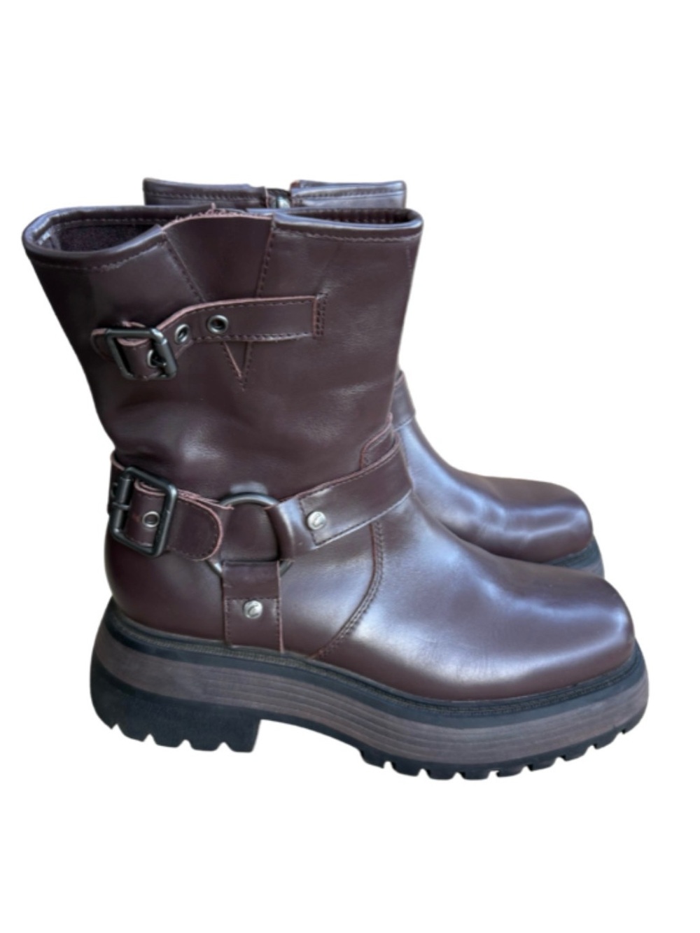 Circus NY Brown Faux Leather Platform Moto Biker Boots Buckle Lug Sole Size 9